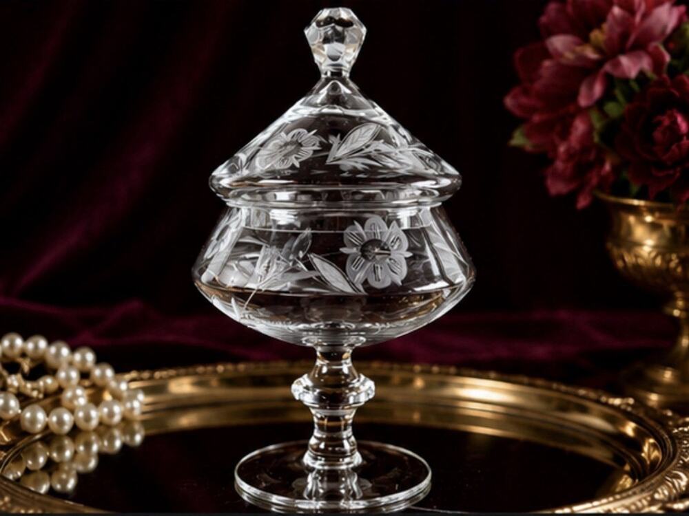 Vintage Etched Crystal Apothecary Jar 9.5” Candy Dish Lid Pedestal Floral Motif
